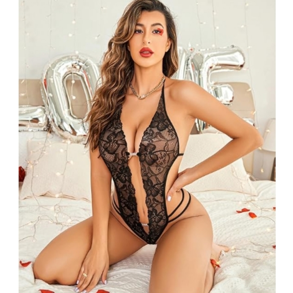 Sexy Lingerie Lace Bodysuit Deep V Teddy Babydoll Nightgown One Piece Black